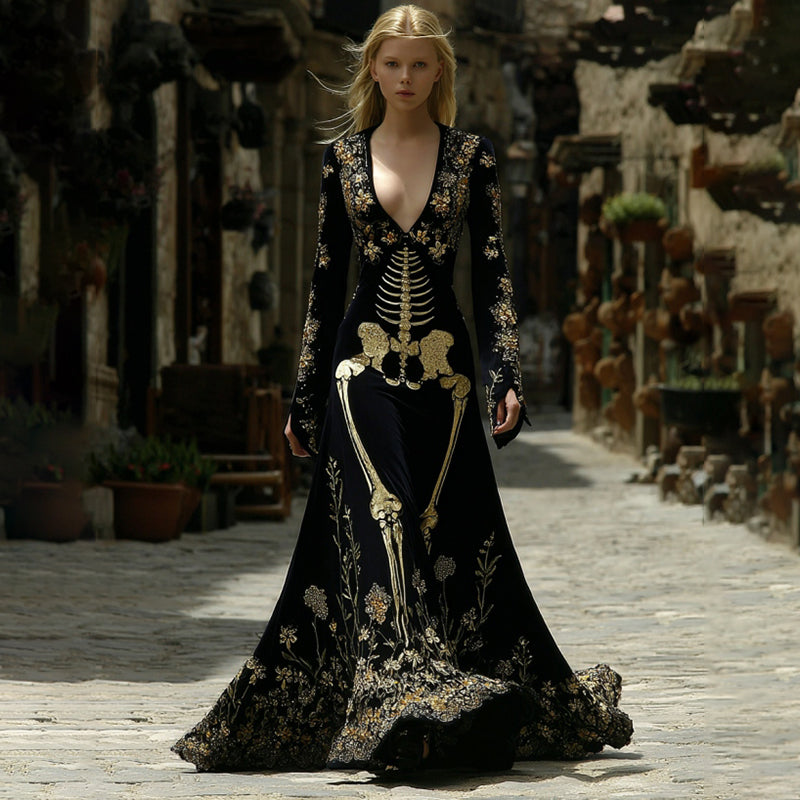 Women's Gothic Style Skeleton Velvet V Neck Maxi Dress