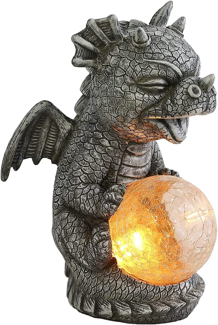 Garden Dragon Statues - Adorable Baby Resin Dragon Holding Magic Orb with Solar LED Lights