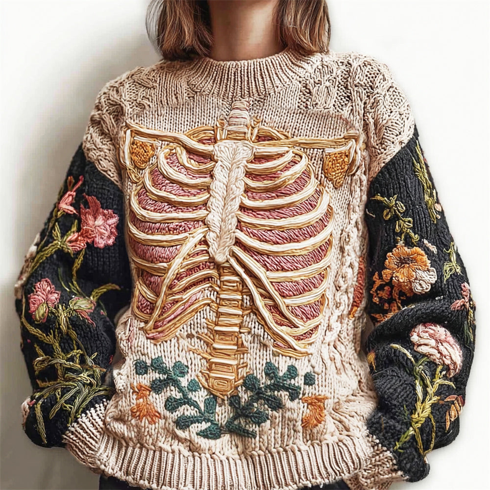 Vintage Anatomy & Floral Art Women's Knit Crew Neck Sweater