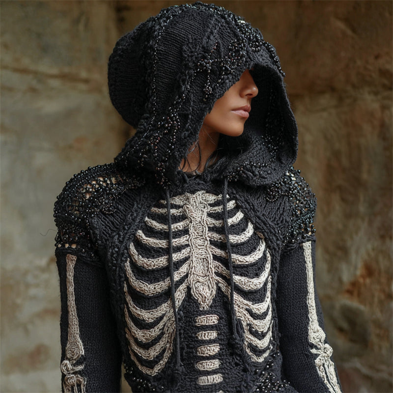 Vintage Gothic Skeleton Beaded Hooded Cozy Knit Sweater