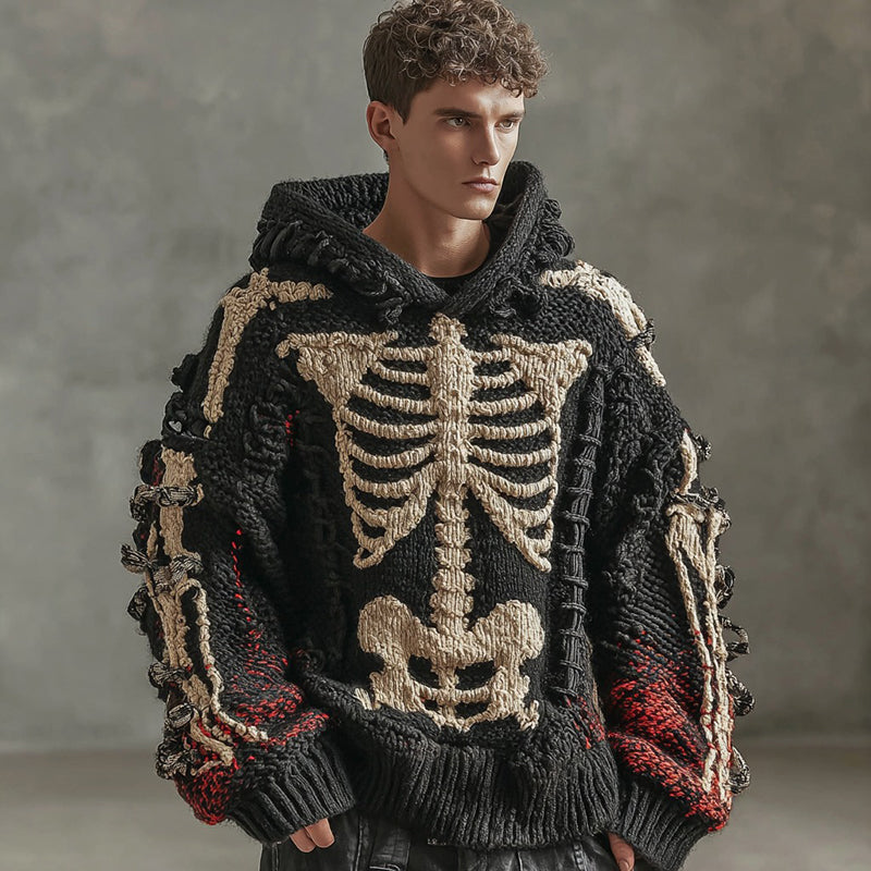 Halloween Skeleton Human Anatomy Inspired Gradient Jacquard Knit Hooded Sweater