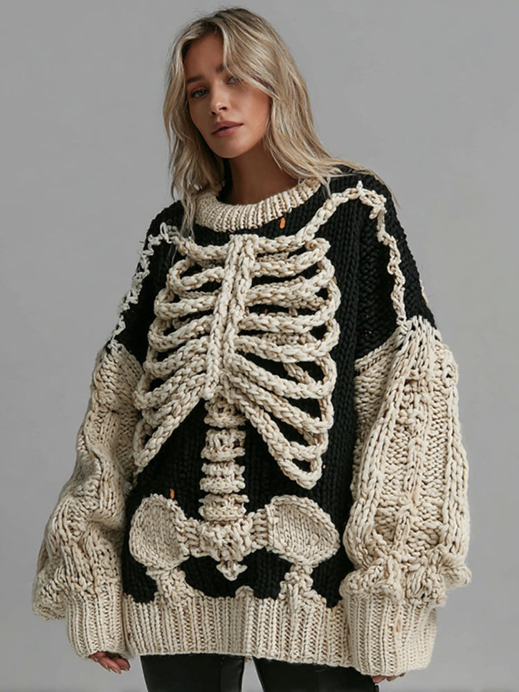 Women's Skeleton Embroidery Art Crew Neck Cozy Sweater