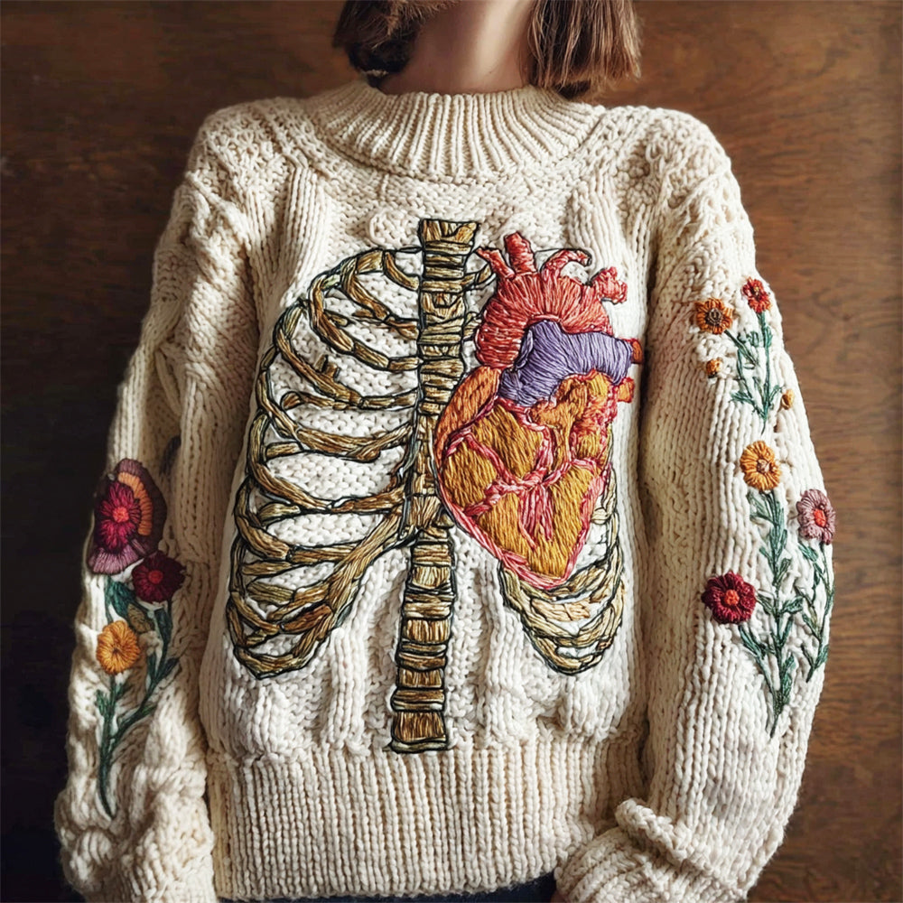 Vintage Anatomy & Heart Embroidery Women's Knit Crew Neck Sweater