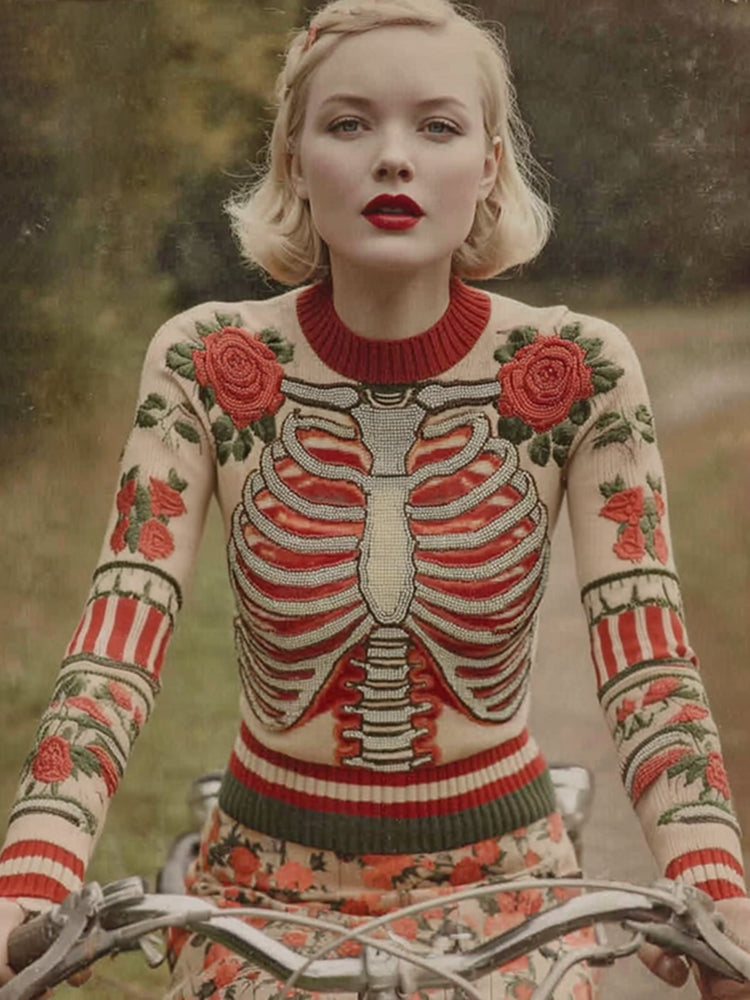 Vintage Halloween Skeleton Bones With Rose Art Chunky Knitted Sweater