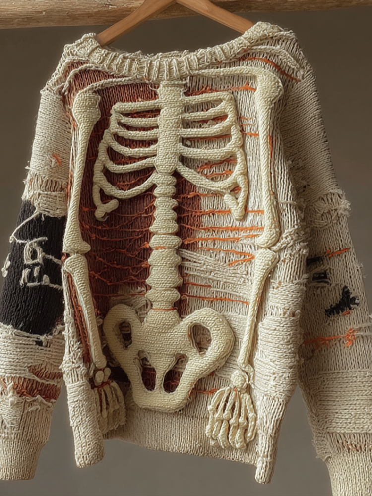 Halloween Skeleton Man Pattern Knit Round Neck Sweater