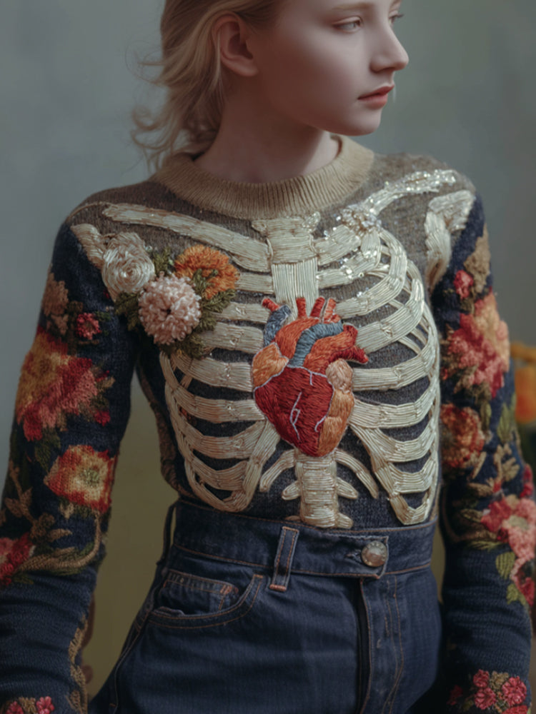 Women's Halloween Human Anatomy Art Flower Knitted Round Neck Sweater