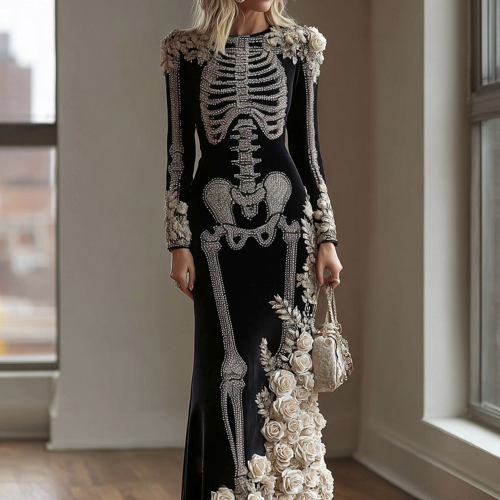 Women's Gothic Style Rose Skeleton Velvet Round Neck Maxi Dress