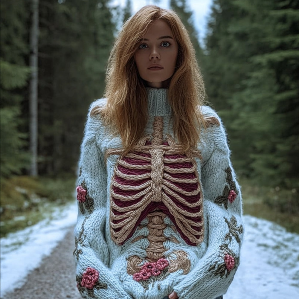 Female Anatomy Art And Flower Vintage Coarse Needle High Collar Sweater