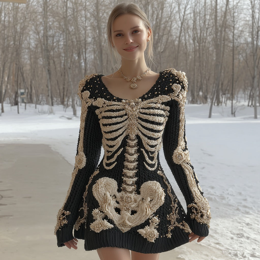 Women's Halloween Skeleton Anatomy Art Crew Neck Knit Maxi Dress