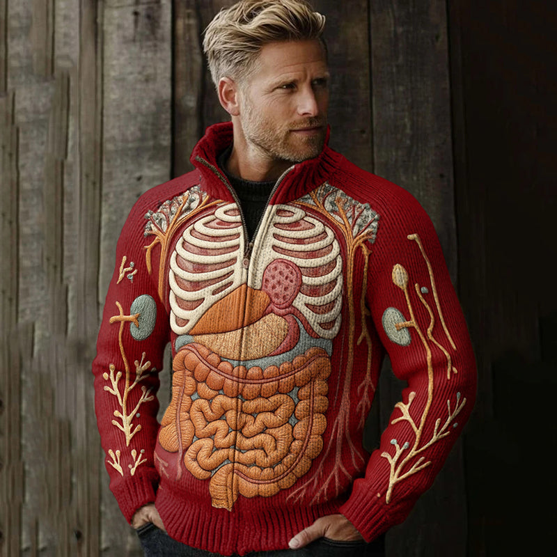 Classic Halloween Anatomy Art Chunky Knitted Zipped Up Sweater