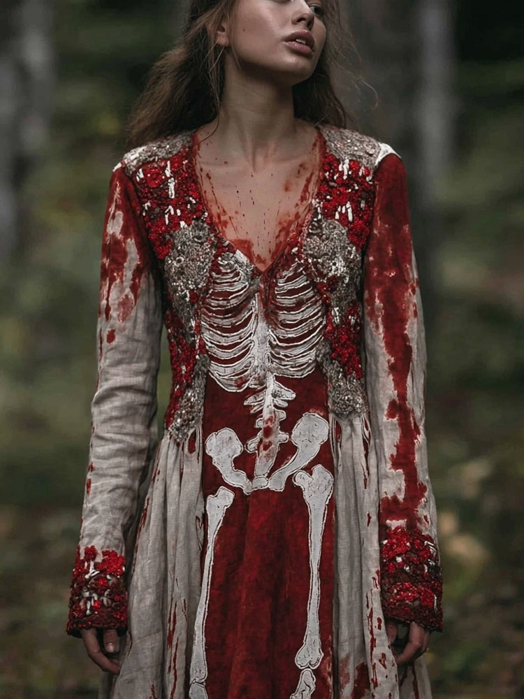 Vintage Skeleton Blood Stain Inspired Spooky Maxi Dress