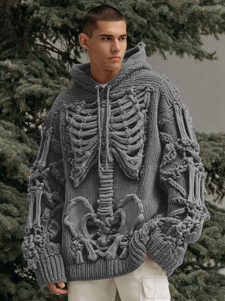 Men's Halloween Skeleton Art Knit Hooded Sweater