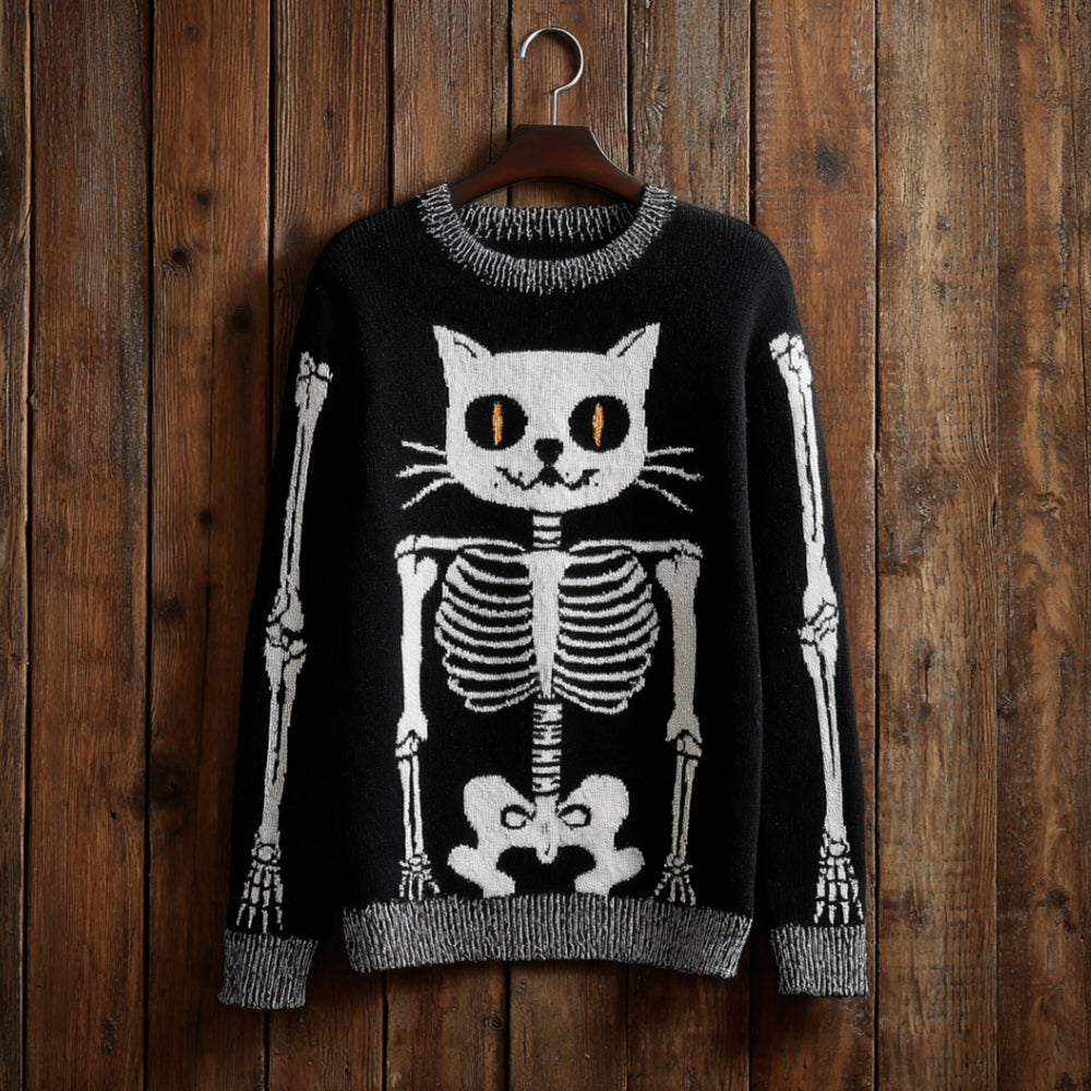 Halloween Cat Skull Art Black Round Neck Sweater