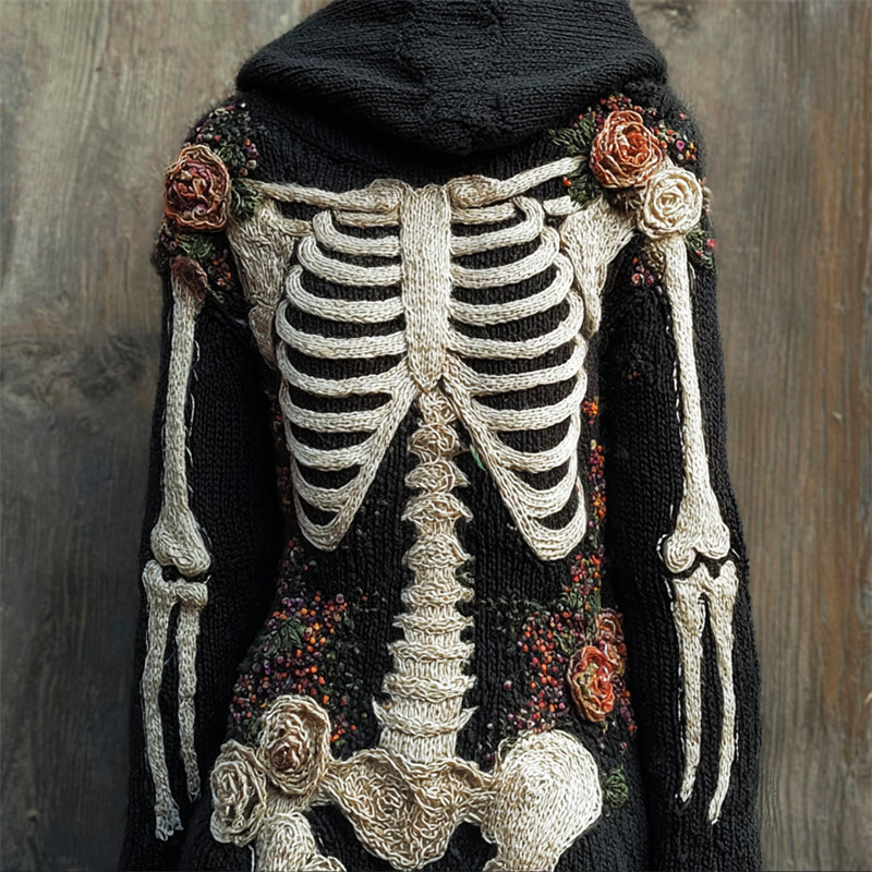 Vintage Skeleton Anatomy Floral Hooded Cozy Knit Sweater
