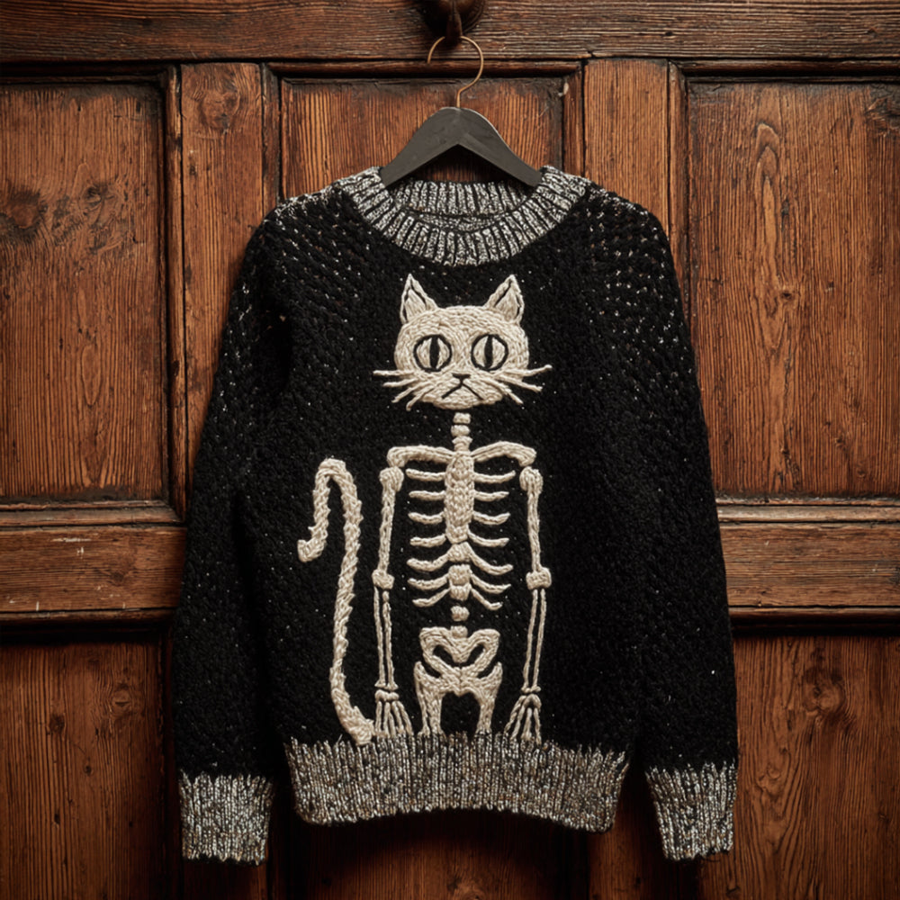 Women Halloween Cat Skull Art Making Old Round Neck Sweater