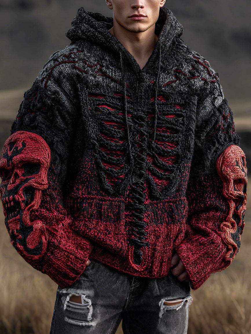 Halloween Death Skeleton Volcanic Lava Inspired Jacquard Knit Hooded Sweater