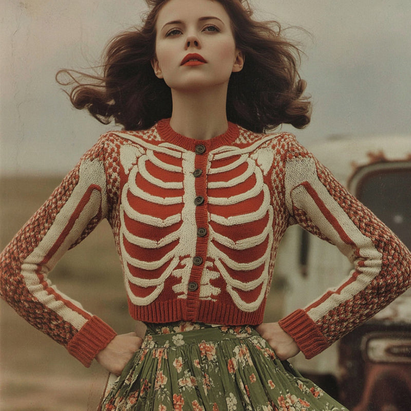 Women's Vintage Skull Ribs Pattern Knit Sweater Cardigan