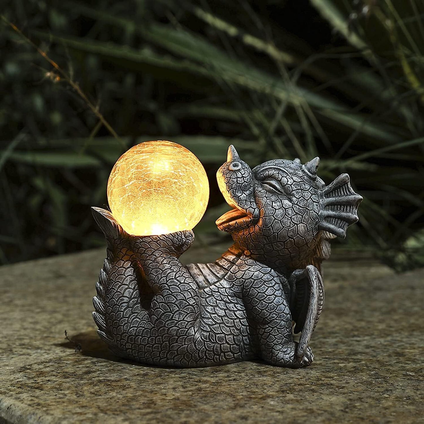 Garden Dragon Statues - Adorable Baby Resin Dragon Holding Magic Orb with Solar LED Lights