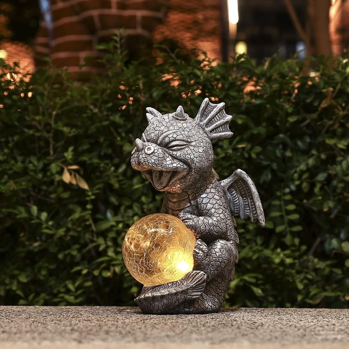 Garden Dragon Statues - Adorable Baby Resin Dragon Holding Magic Orb with Solar LED Lights