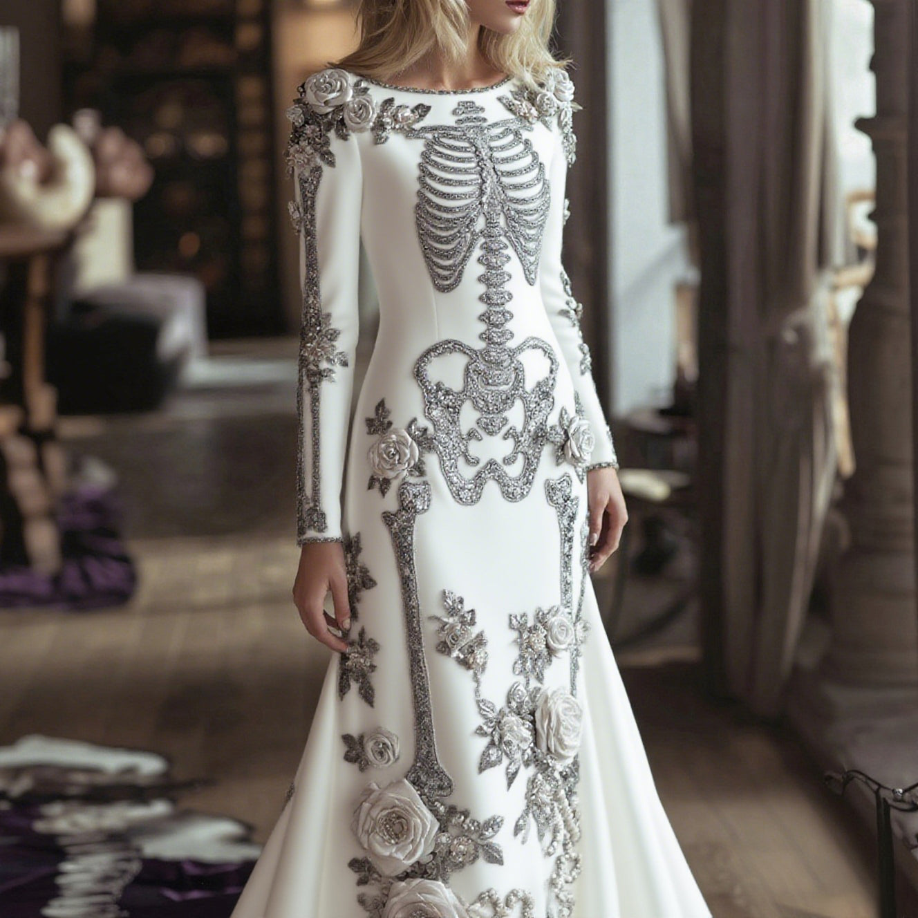 Women's Halloween Dark Gothic Rose Skeleton Velvet Round Neck Maxi Dress