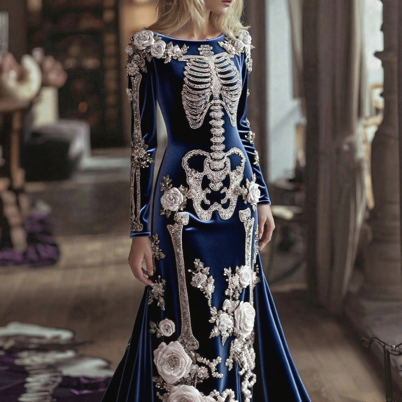 Women's Halloween Dark Gothic Rose Skeleton Velvet Round Neck Maxi Dress