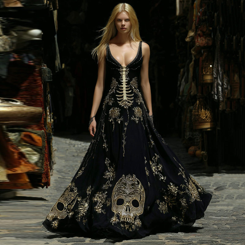 Women's Gothic Style Skeleton Art V Neck Sleeveless Maxi Dress