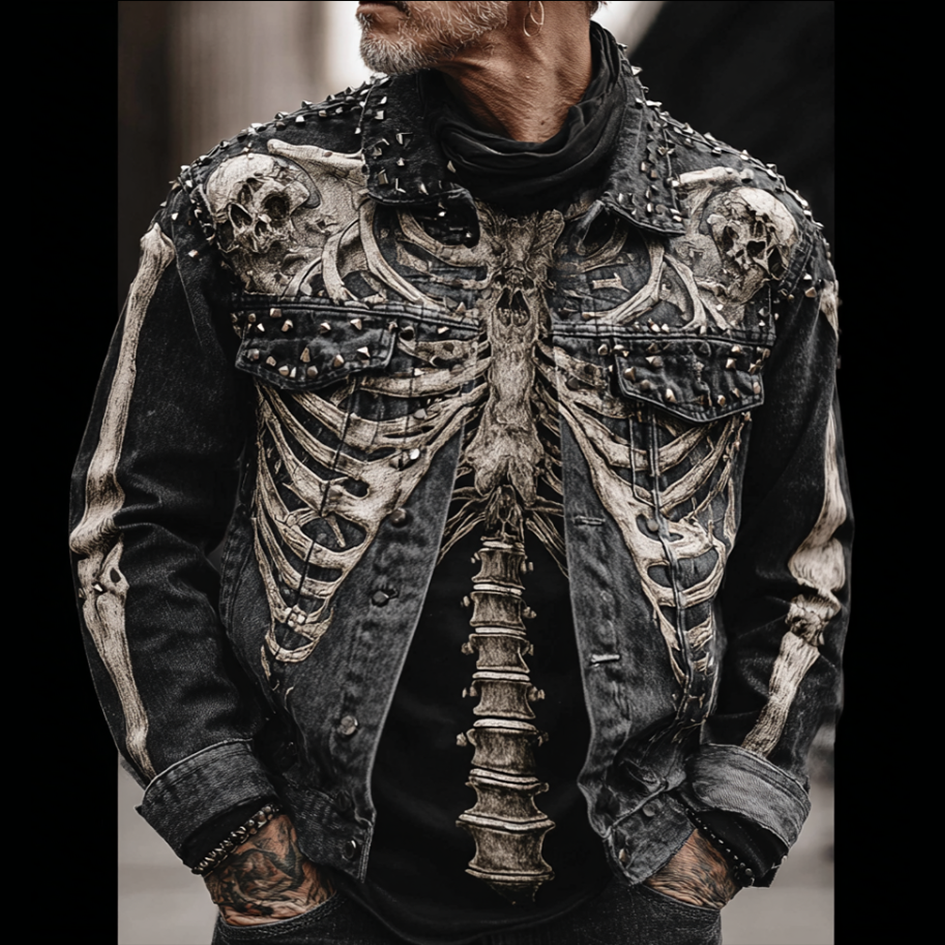 Halloween Skeleton And Human Skeleton Pattern Design Men's Denim Jacket