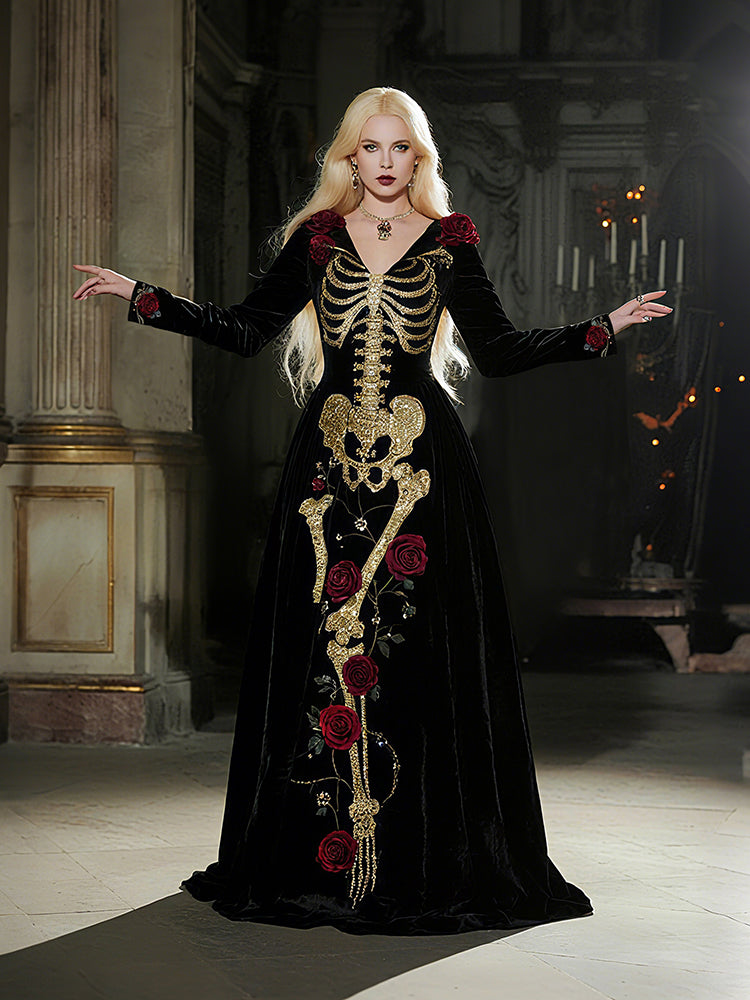 Vampire Queen Skeleton Red Roses Classic Velvet Maxi Dress
