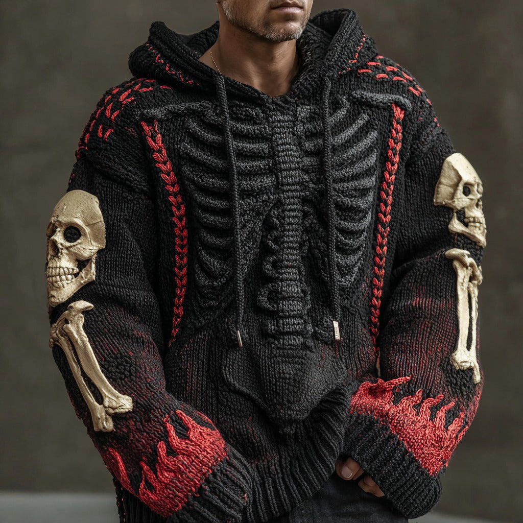 Halloween Skeleton Flame Inspired Jacquard Knit Hooded Sweater