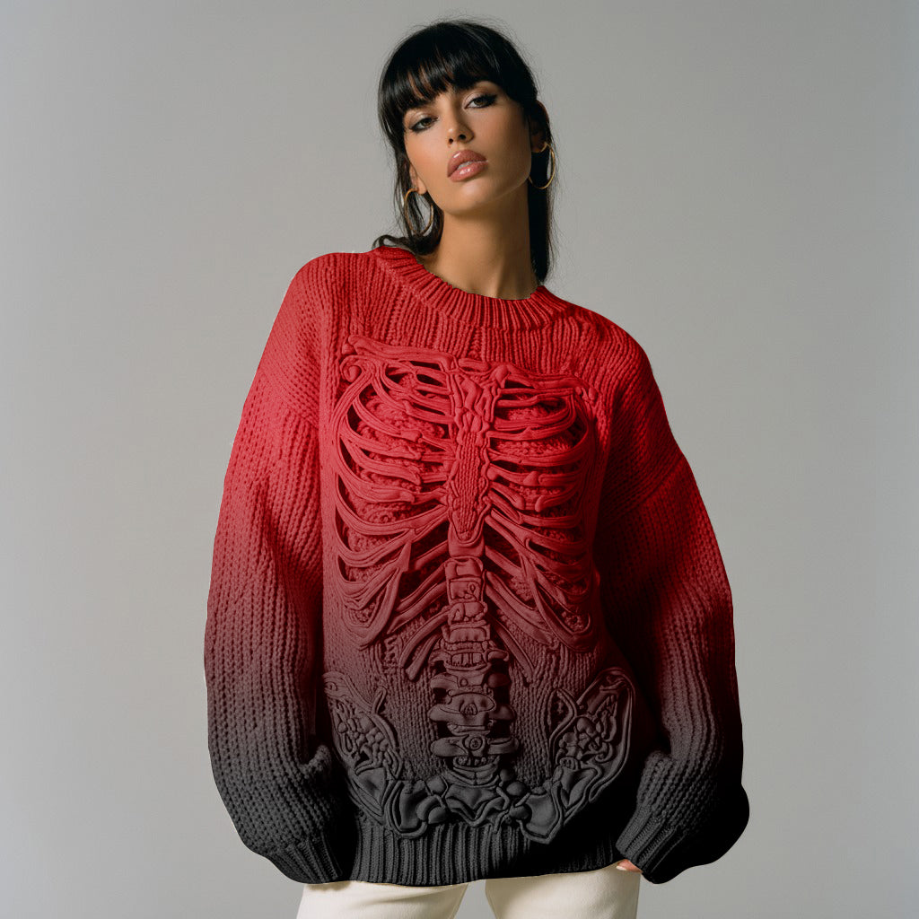 Vintage Halloween Anatomy Skeleton Bones In Gradient Art Chunky Knitted Sweater