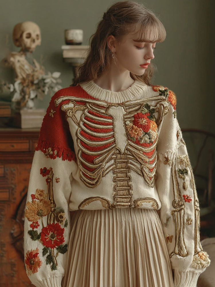 Women's Skeleton & Floral Embroidery Art Color Block Cozy Sweater