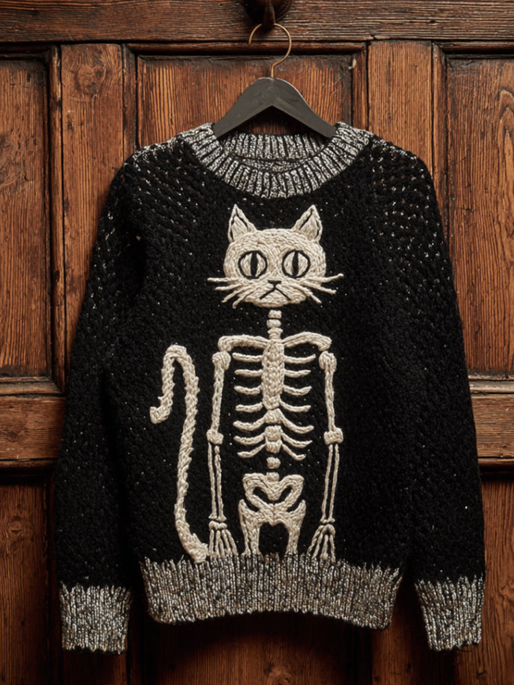 Women Halloween Cat Skull Art Making Old Round Neck Sweater