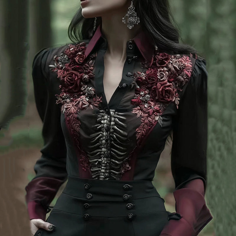 Women's Vintage Skeleton And Rose Art Shirt