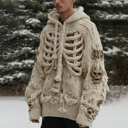 Man's Vintage Halloween Skull Art Cozy Hooded Sweater