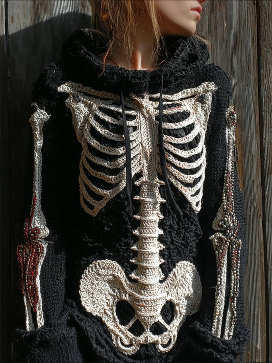 Halloween Skeleton Anatomy Beaded Hooded Cozy Knit Sweater