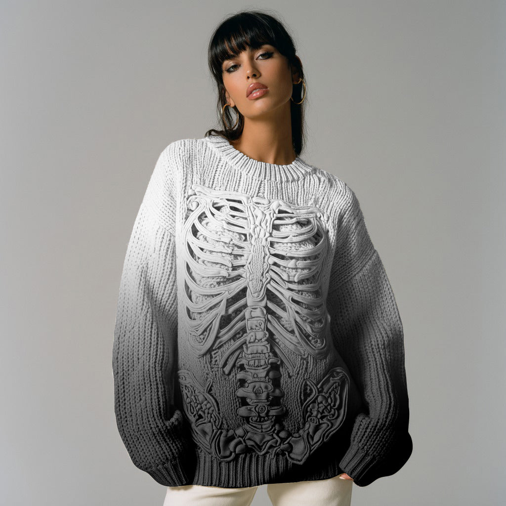 Vintage Halloween Anatomy Skeleton Bones In Gradient Art Chunky Knitted Sweater