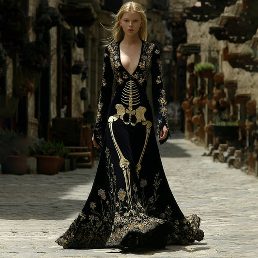 Women's Gothic Style Skeleton Velvet V Neck Maxi Dress