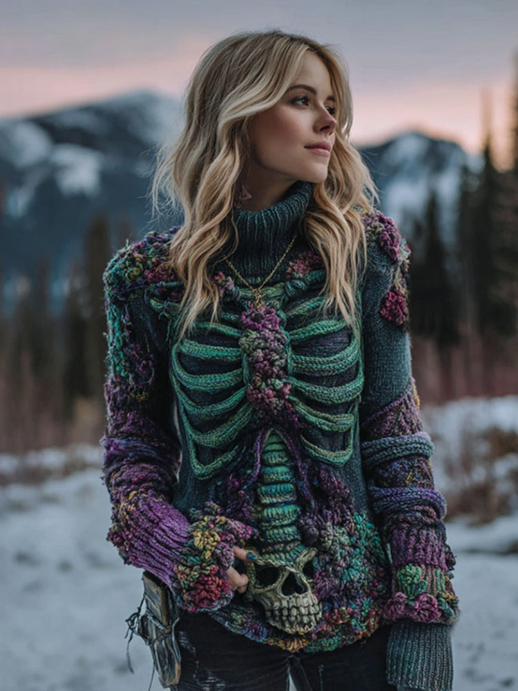 Women's Vintage Purple Skeleton Art Cozy High Neck Sweater