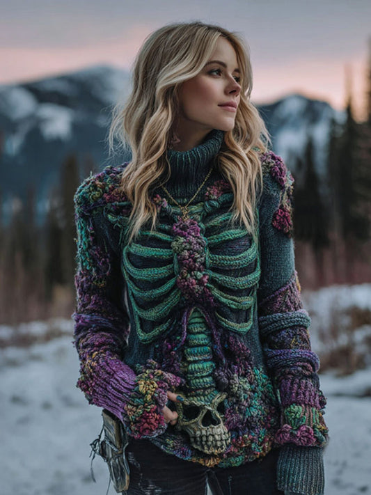 Women's Vintage Purple Skeleton Art Cozy High Neck Sweater
