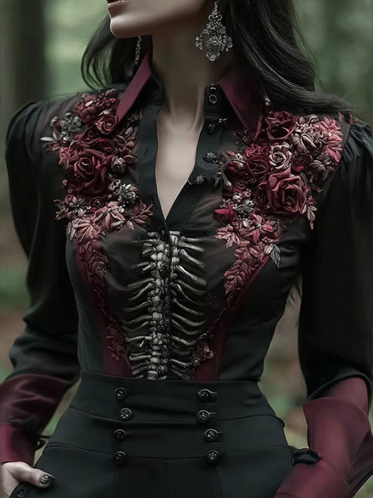 Women's Vintage Skeleton And Rose Art Shirt