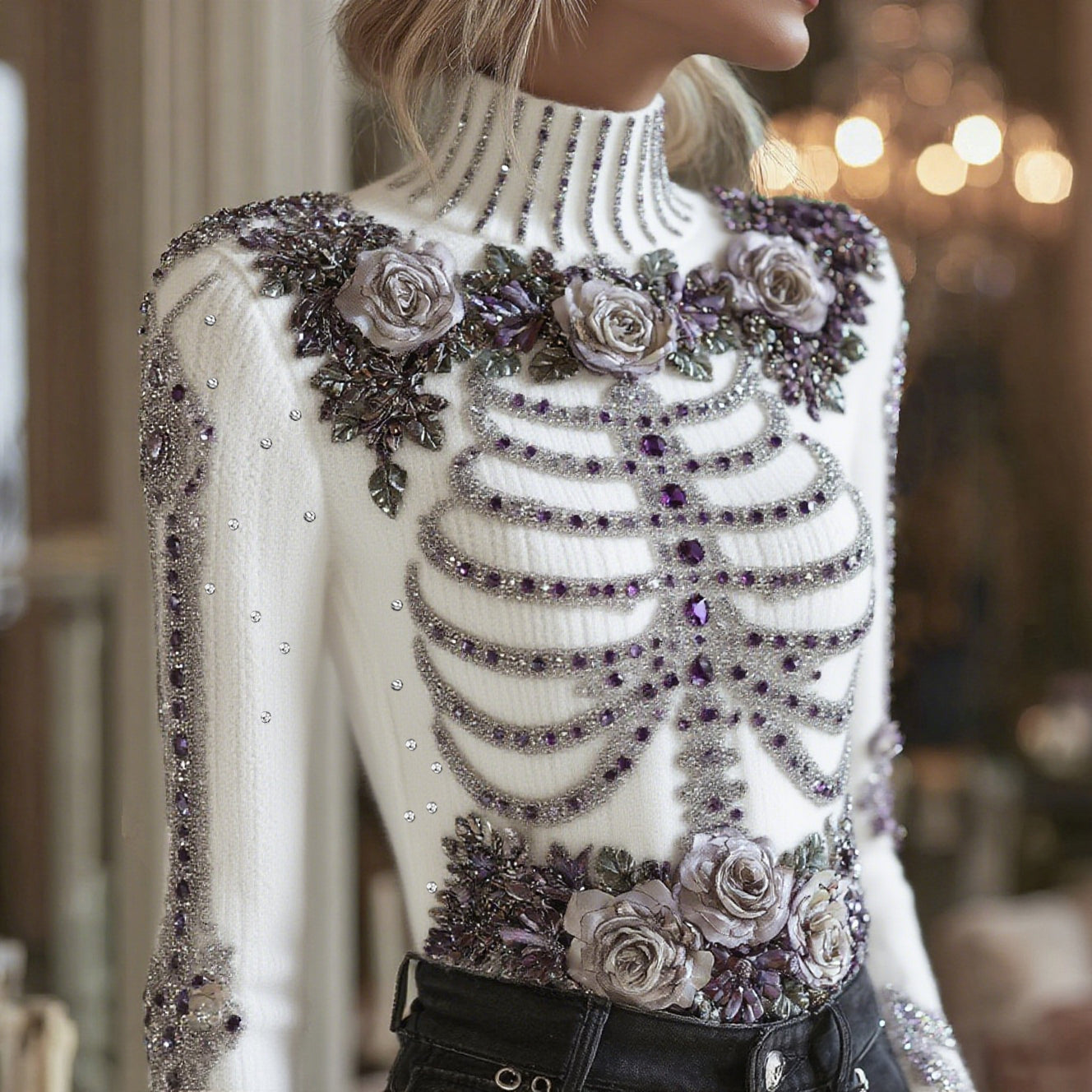 Women's Halloween Bloody Floral & Skeleton Art Turtleneck Slim Sweater