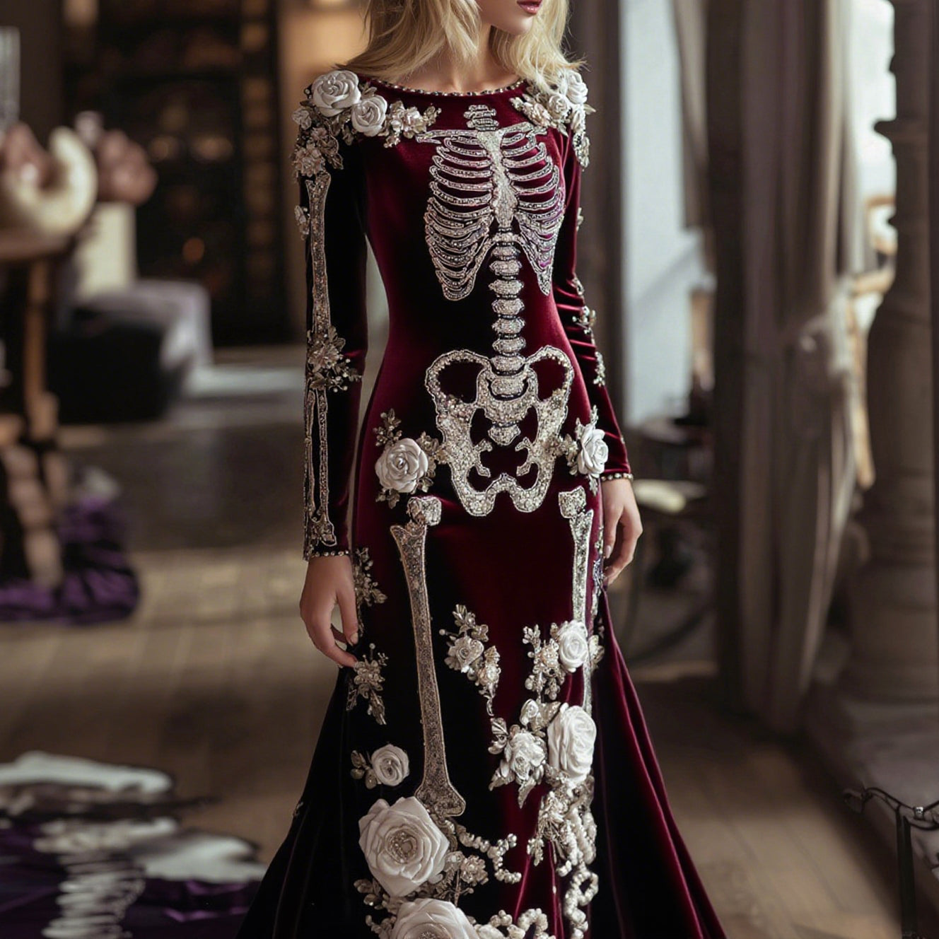 Women's Halloween Dark Gothic Rose Skeleton Velvet Round Neck Maxi Dress