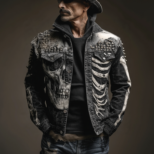 Halloween Skeleton And Human Skeleton Pattern Design Men's Denim Jacket