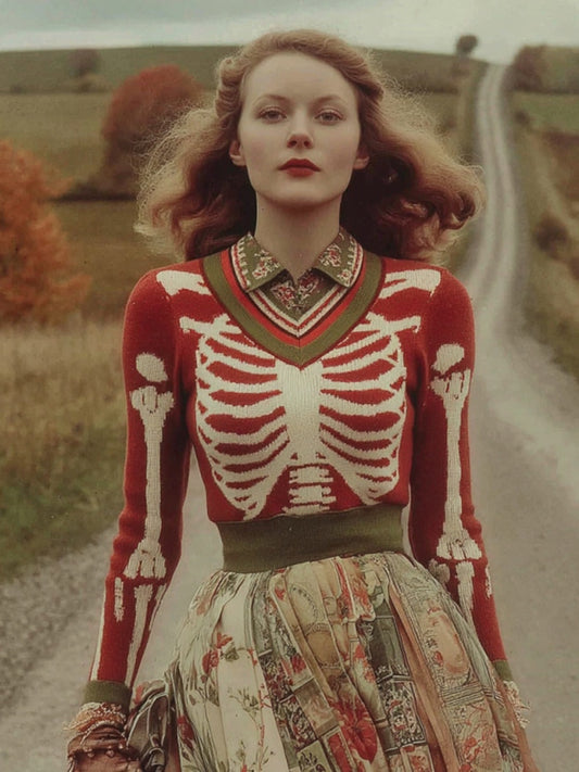 Women's Vintage Skull Rib Art V Neck Cozy Knit Pullover Sweater