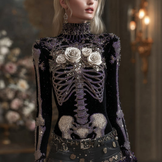 Women Halloween Ancient Skull And Flower High Collar Sweater