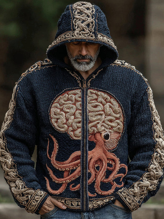 Halloween Cthulhu Octopus Human Brain Anatomy Inspired Celtic Knot Jacquard Zipper Hooded Cardigan