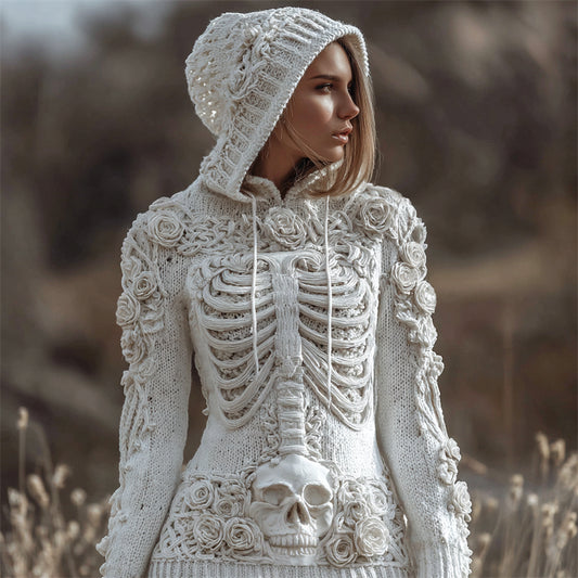 Vintage White Roses Skull Skeleton Hooded Cozy Knit Sweater