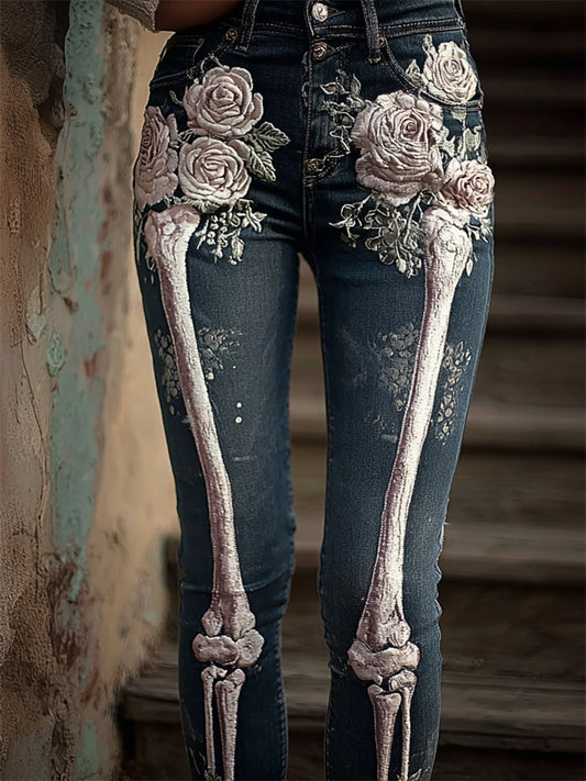Vintage Skeleton Pink Roses Beaded Embroidered Washed Jeans