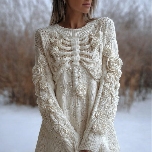 Vintage White Skeleton Roses Crochet Cozy Sweater Dress