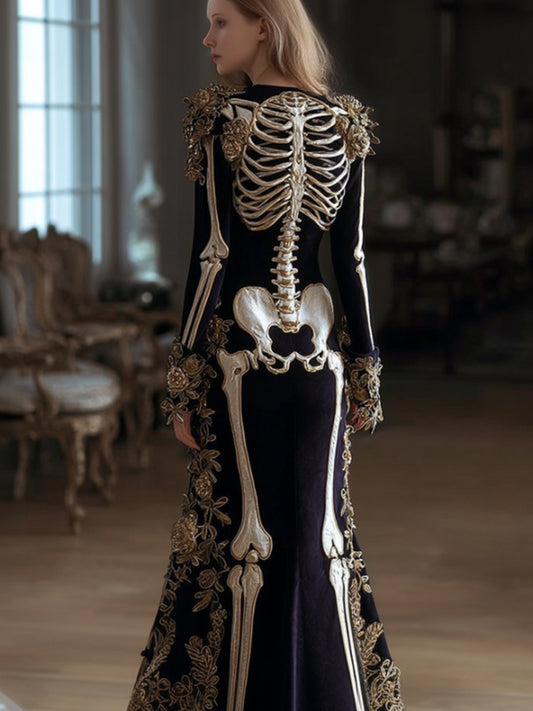 Women's Halloween Human Anatomy Art Gothic Round Neck Long Sleeve Dress